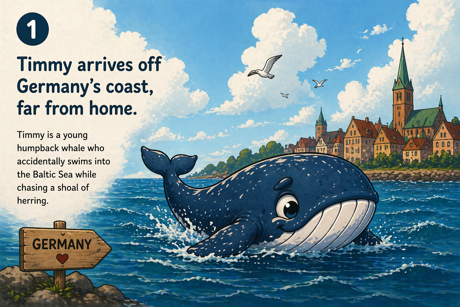 Timmy the whale near a German coastal town